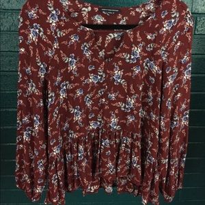 American Eagle Flowy Peplum Peasant Top Key Hole
